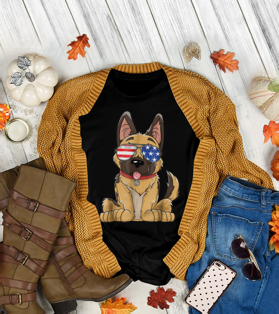 German Shepherd American Flag Sunglasses 4th Of July T-Shirt