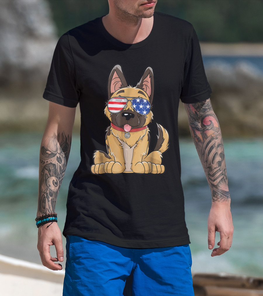 German Shepherd American Flag Sunglasses 4th Of July T-Shirt