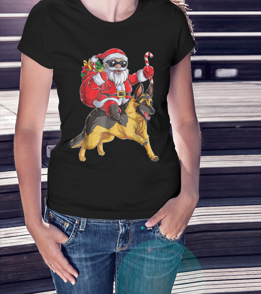 German Shepherd Christmas Santa Claus Riding With Candy Cane Woofmas T8 T-Shirt