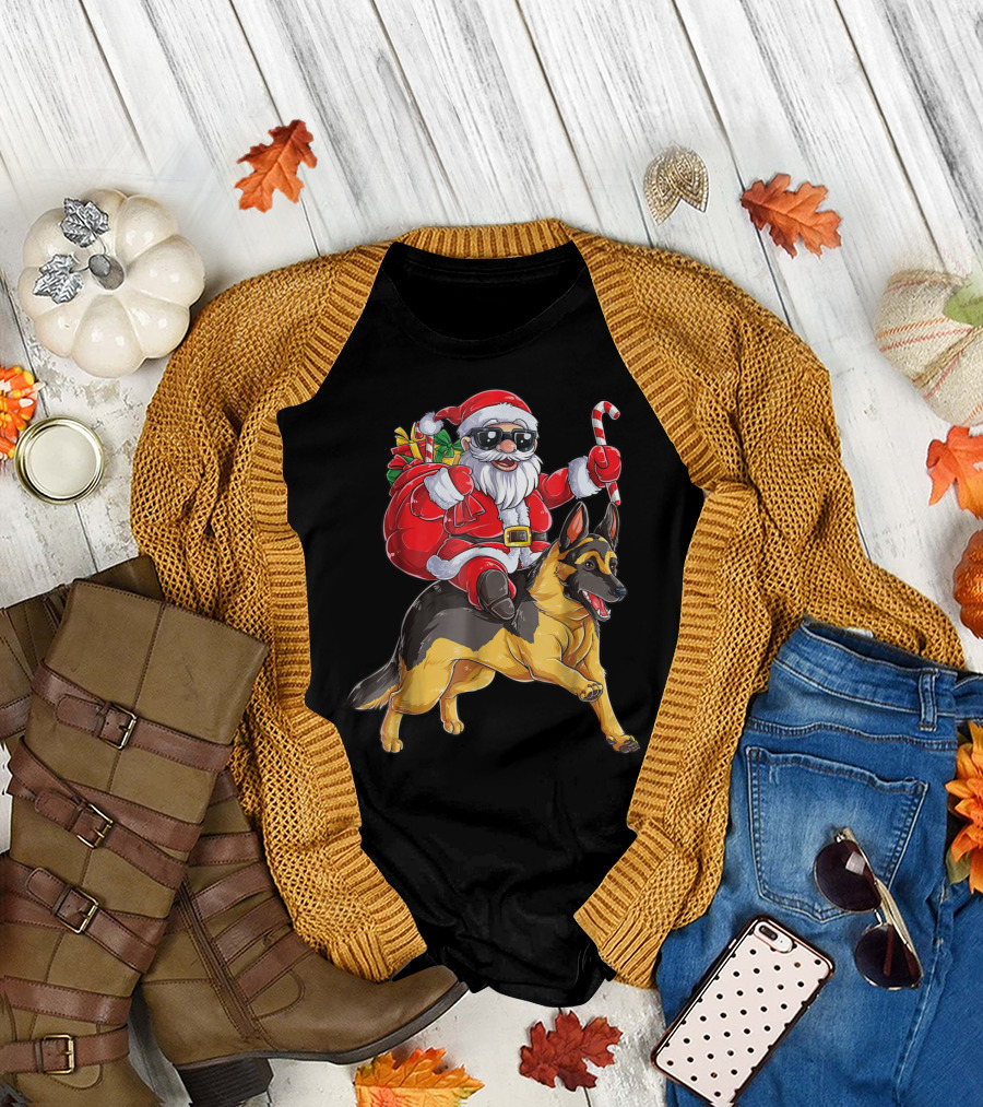 German Shepherd Christmas Santa Claus Riding With Candy Cane Woofmas T8 T-Shirt