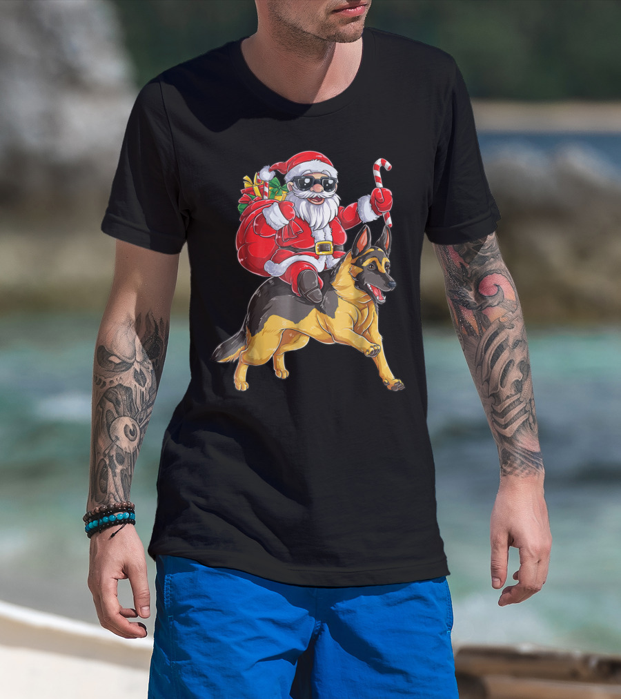 German Shepherd Christmas Santa Claus Riding With Candy Cane Woofmas T8 T-Shirt