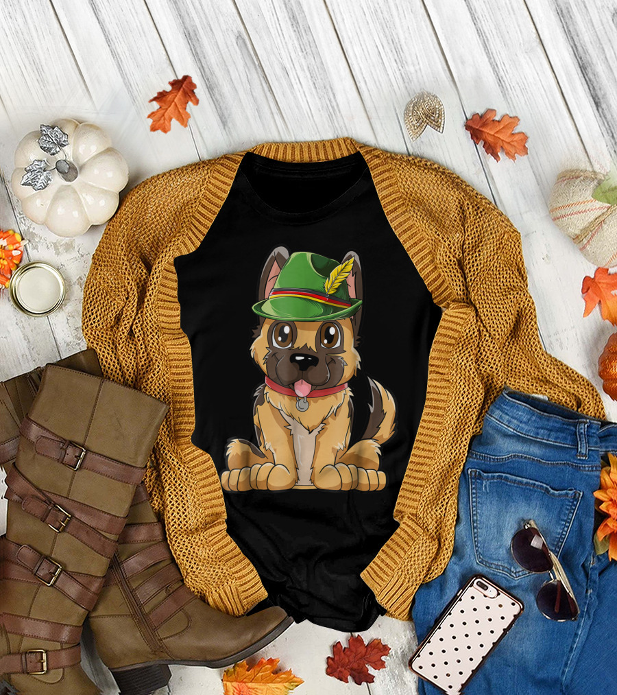 Cute German Shepherd Dog with Oktoberfest Hat Boys Lederhosen T-Shirt