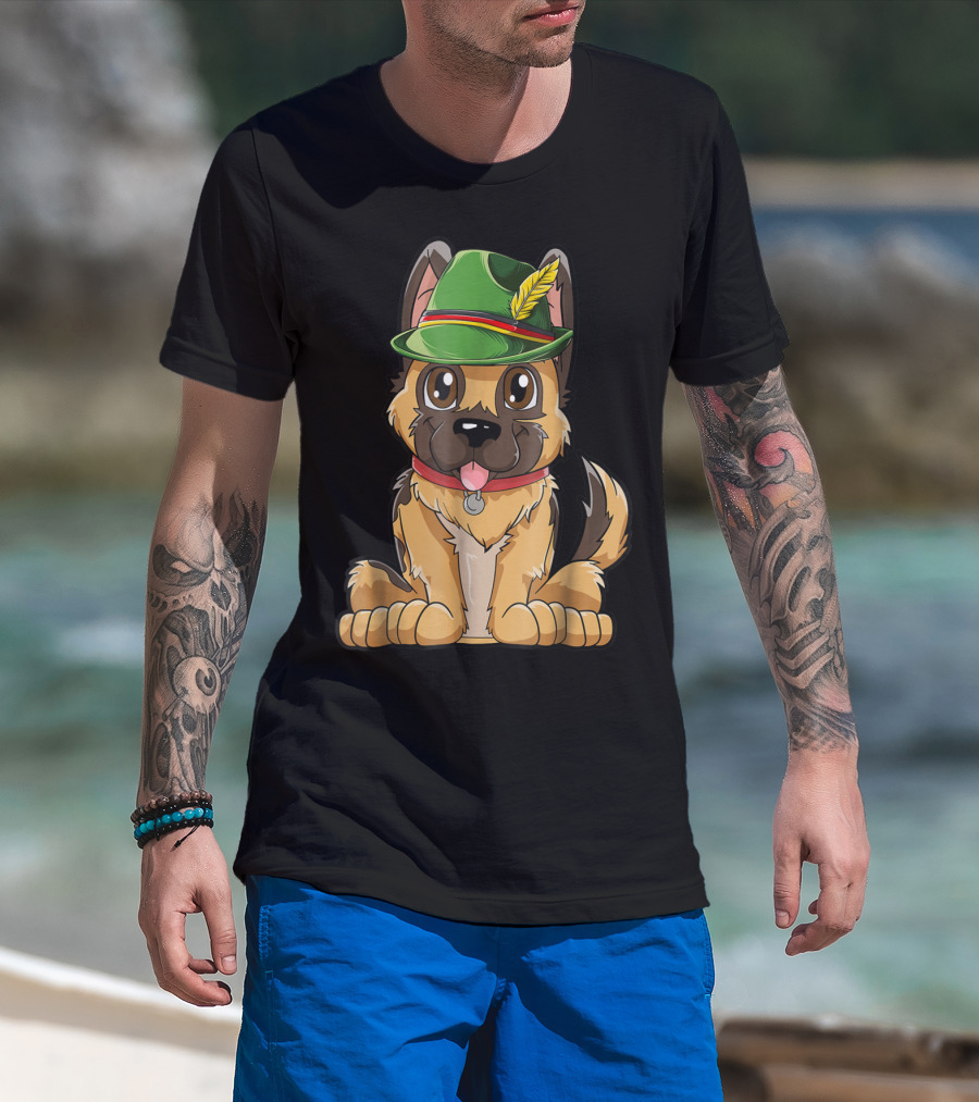 Cute German Shepherd Dog With Oktoberfest Hat Boys Lederhosen T-Shirt