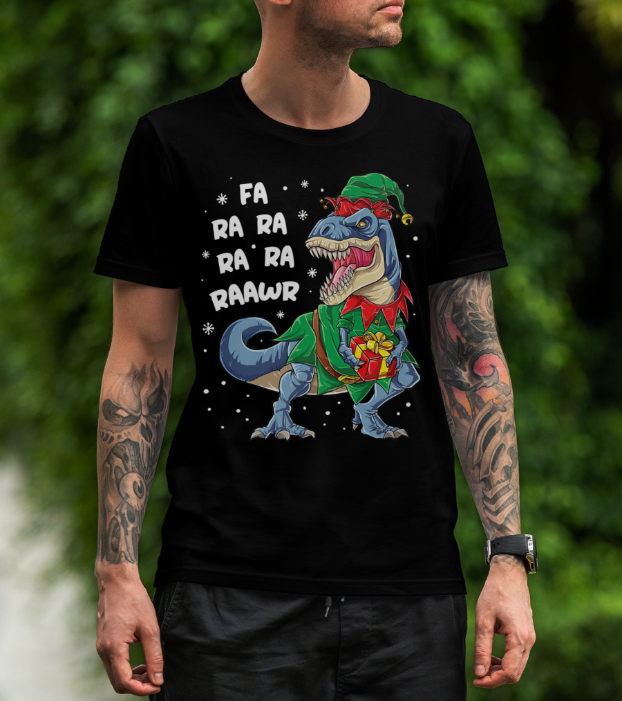Fa Ra Ra Ra Rawr Dinosaur Christmas Rex Elf Holding Present T-Shirt