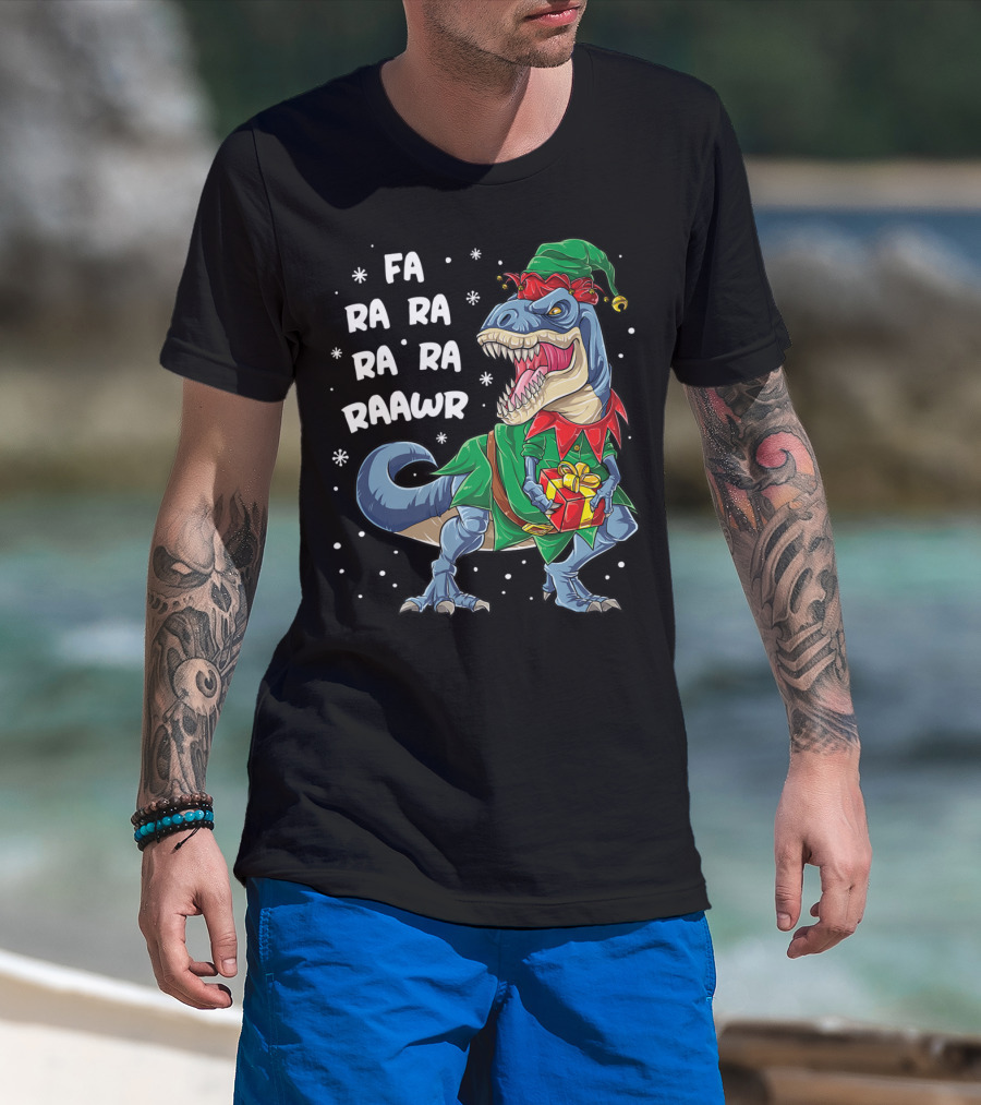 Fa Ra Ra Ra Rawr Dinosaur Christmas Rex Elf Holding Present T-Shirt