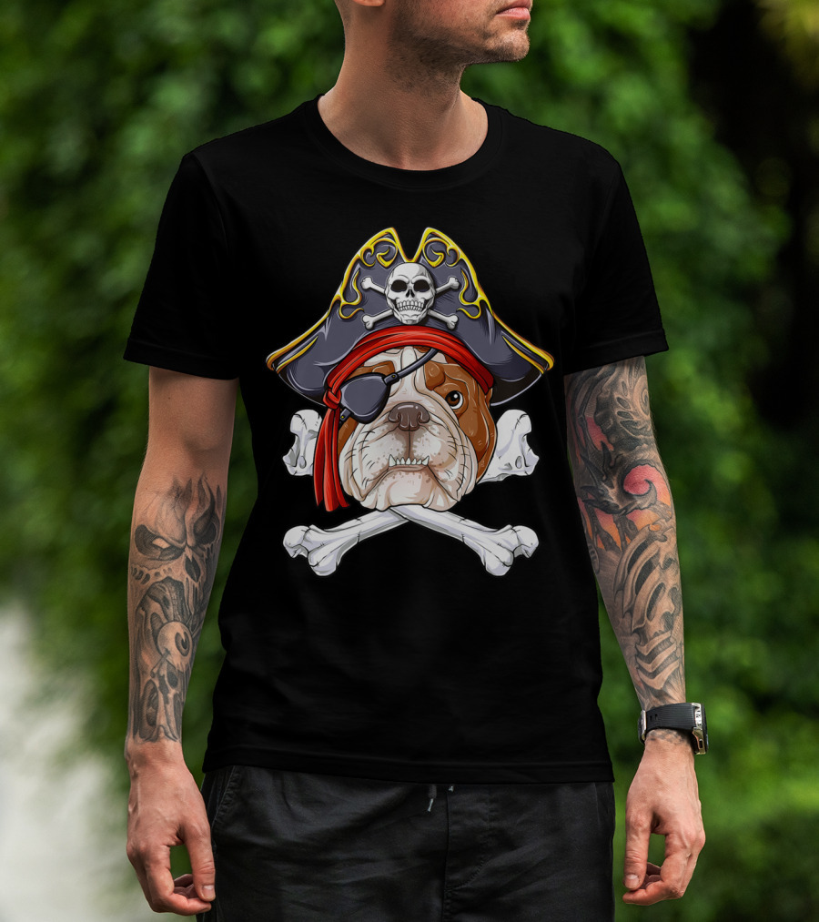 English Bulldog Wearing Pirate Hat With Jolly Roger Crossbones And Eyepatch T-Shirt