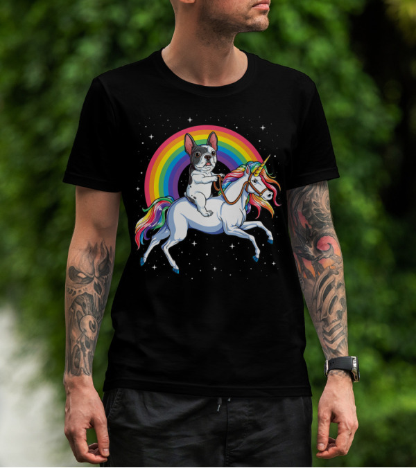 French Bulldog Riding Unicorn Rainbow Space Galaxy T-Shirt
