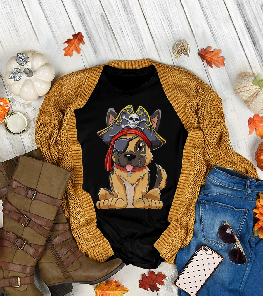German Shepherd Pirate with Jolly Roger Skull Crossbones and Eyepatch T-Shirt