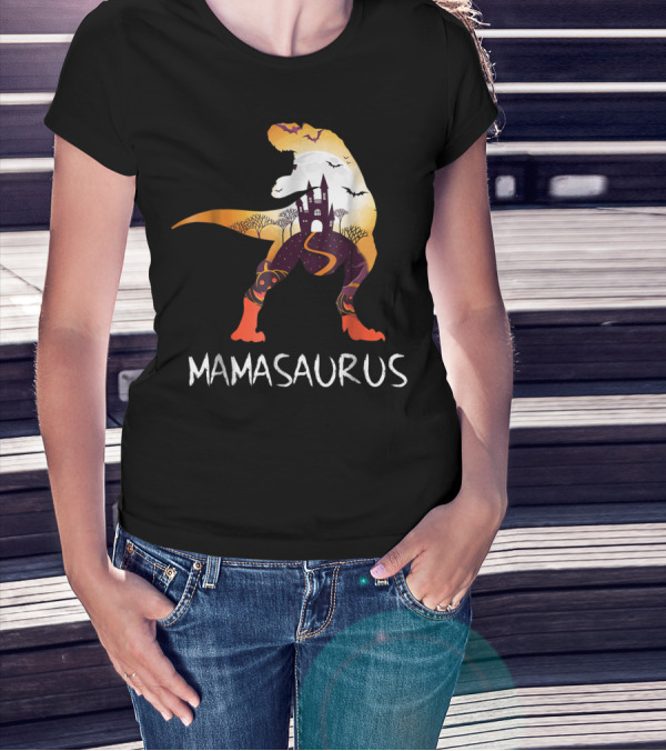 Mamasaurus Halloween Castle Bats T-Rex Scene T-Shirt