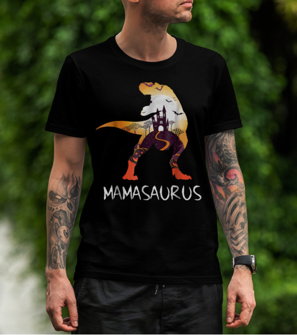 Mamasaurus Halloween Castle Bats T-Rex Scene T-Shirt