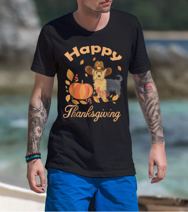 Happy Thanksgiving Yorkie With Pilgrim Hat And Autumn Pumpkin Leaves T-Shirt