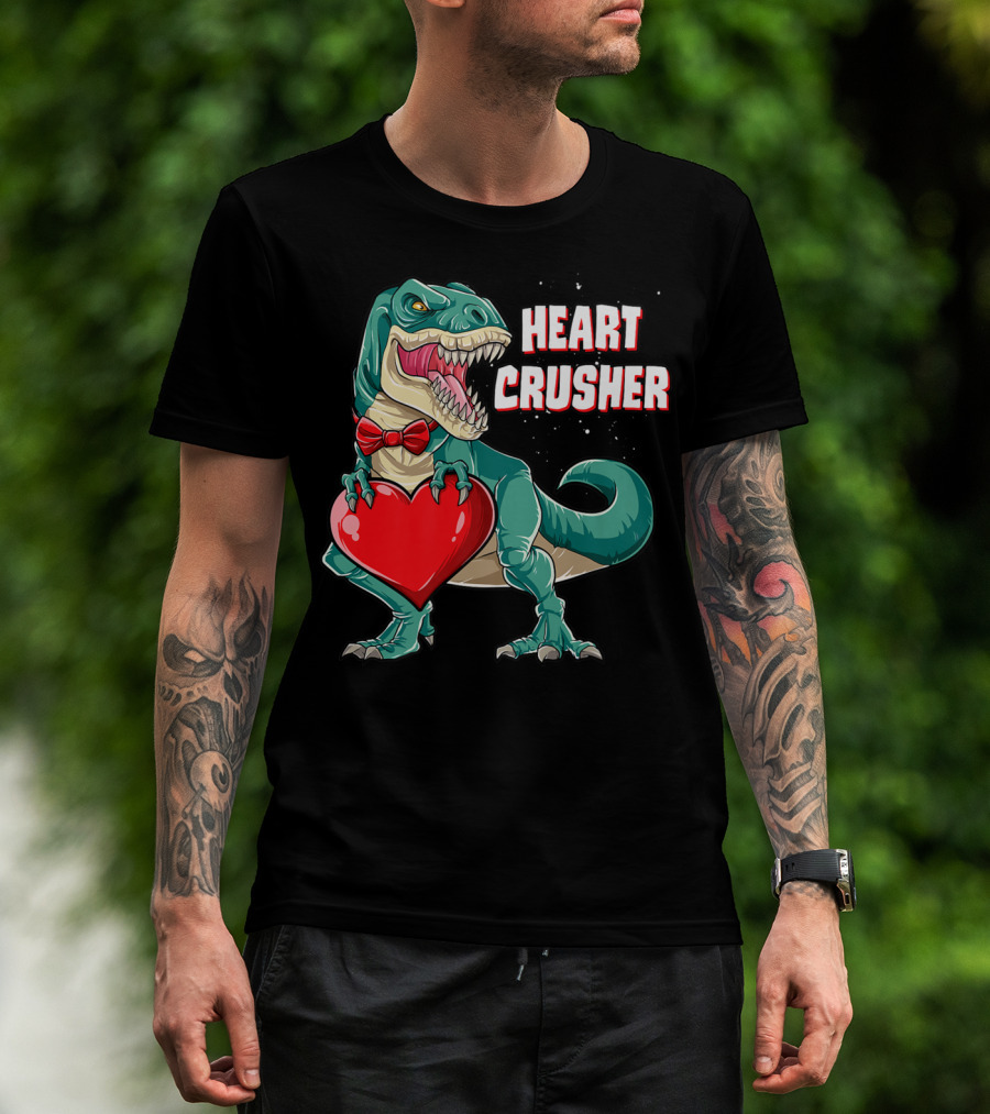 Heart Crusher Valentines Day Dinosaur Rex Bowtie Holding Heart T-Shirt