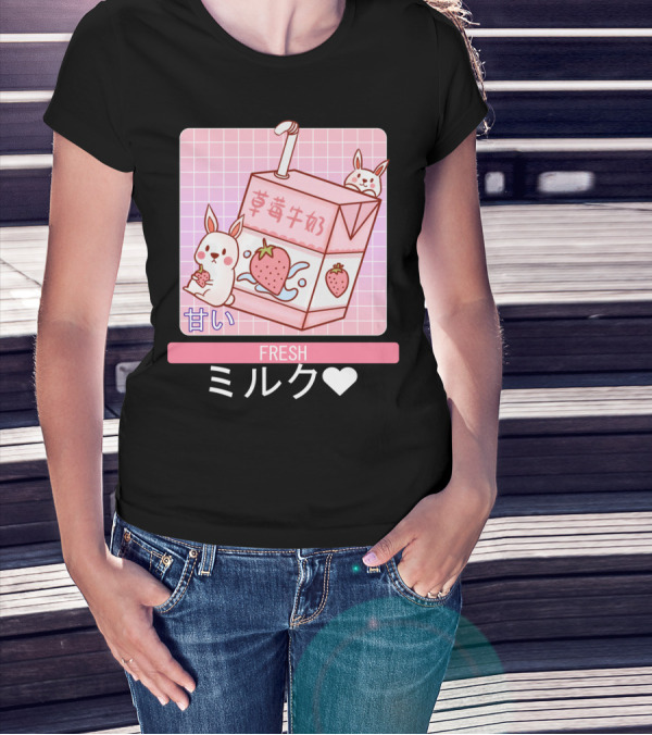 Fresh Strawberry Milk Carton With Cute Bunny Aesthetic T-Shirt