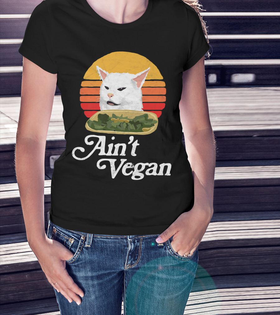 Ain't Vegan Arguing White Cat Retro Sunset T-Shirt