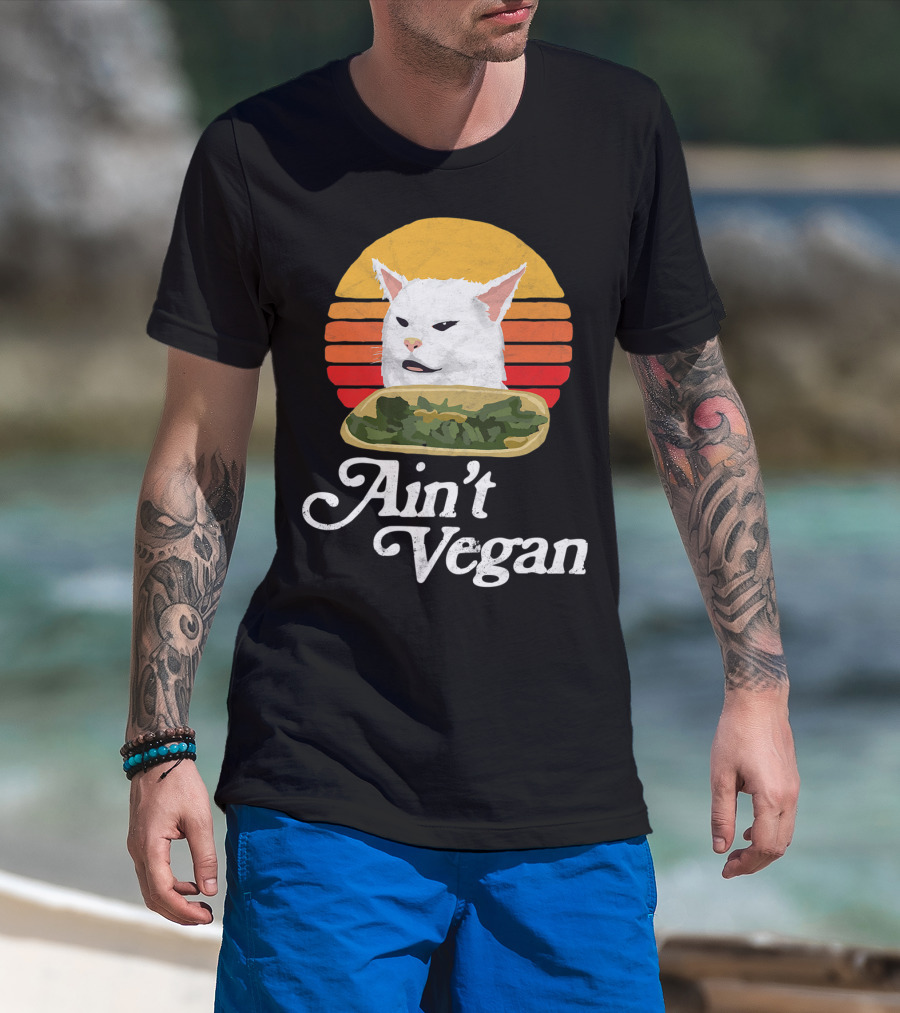 Ain't Vegan Arguing White Cat Retro Sunset T-Shirt