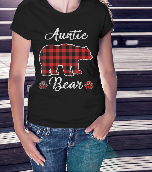 Auntie Bear Red Plaid Buffalo Christmas T-Shirt
