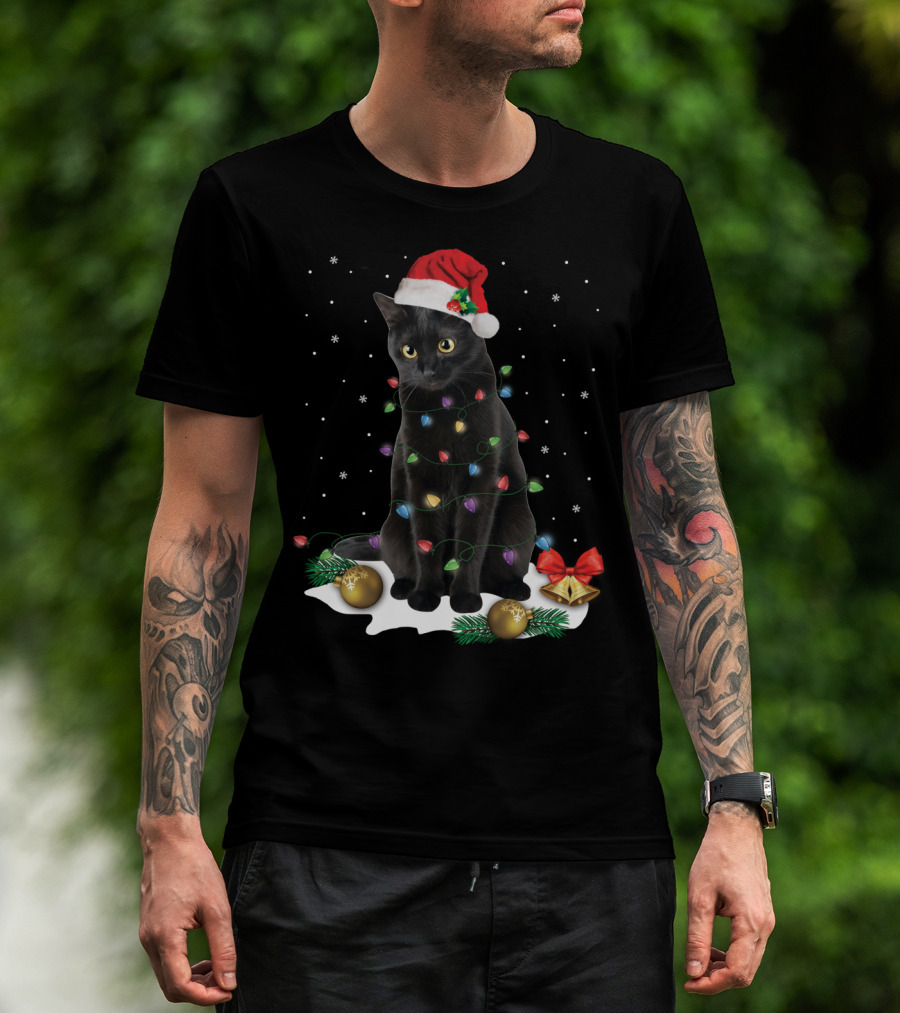 Black Cat Santa Christmas Lights Funny Cat Dad Festive Holiday T-Shirt