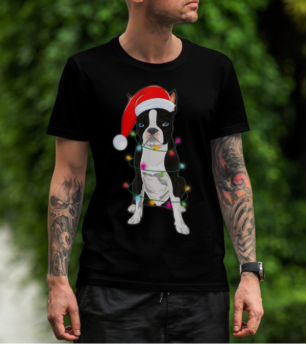 Boston Terrier Wrapped In Christmas Lights With Santa Hat T-Shirt