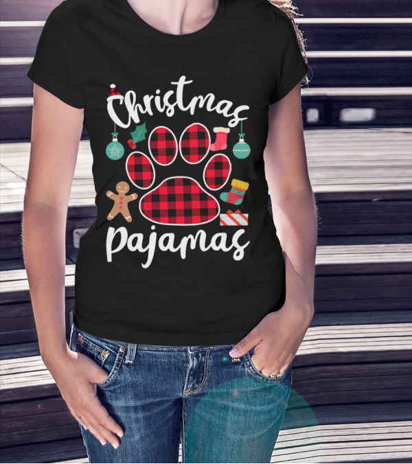 Buffalo Plaid Paw Print Christmas Pajamas Holiday T-Shirt