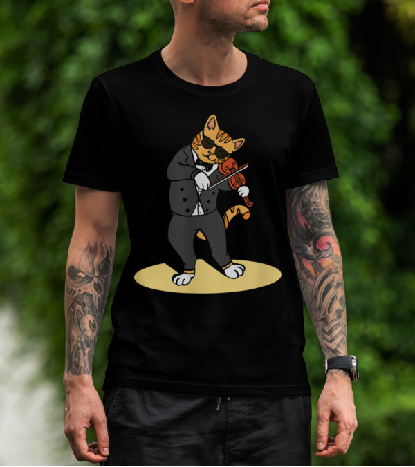Cat Playing Violin Orchestra Kitten In Tuxedo With Sunglasses T-Shirt