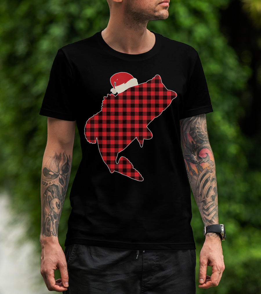 Christmas Fish Santa Hat Red Plaid Buffalo T-Shirt