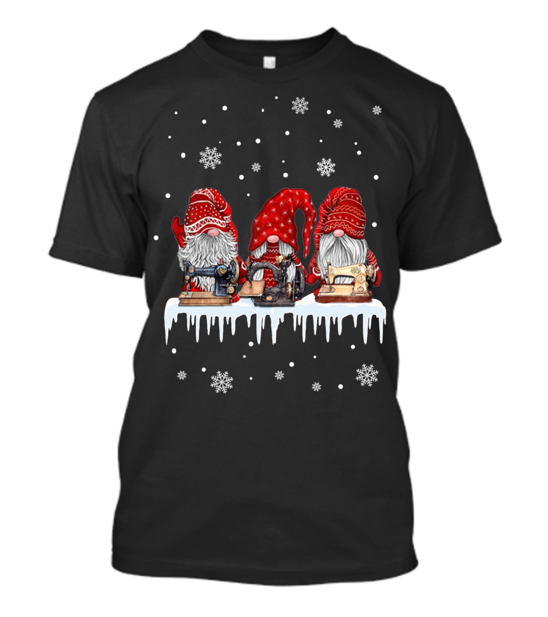 Christmas Gnomes Red Sewing Machine Snowflakes Winter Scene T-Shirt