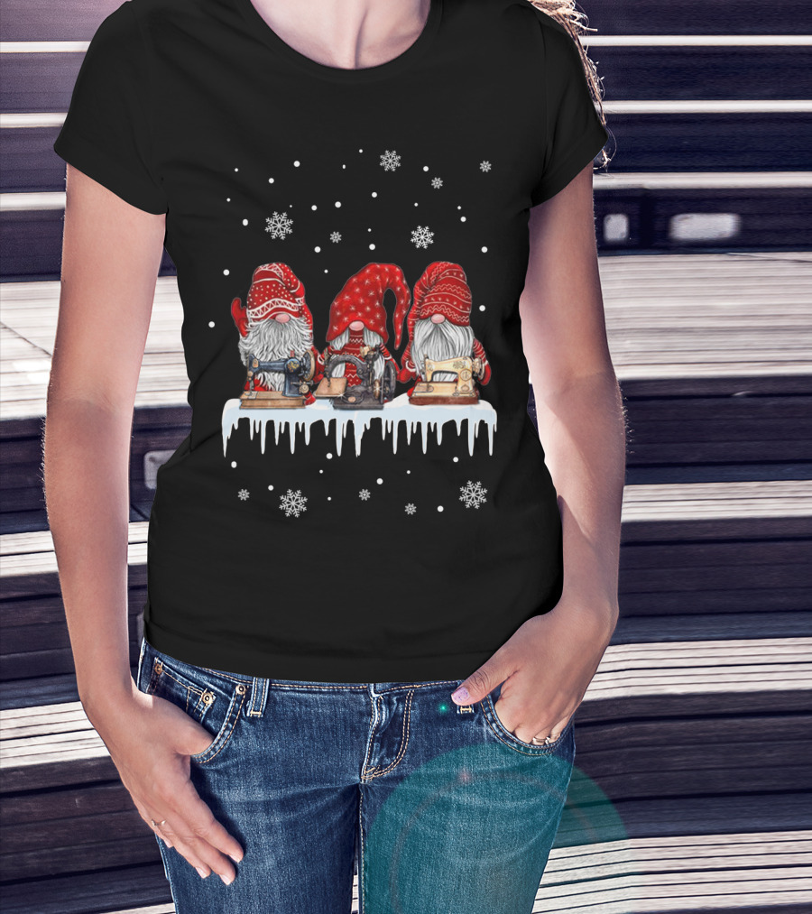 Christmas Gnomes Red Sewing Machine Snowflakes Winter Scene T-Shirt