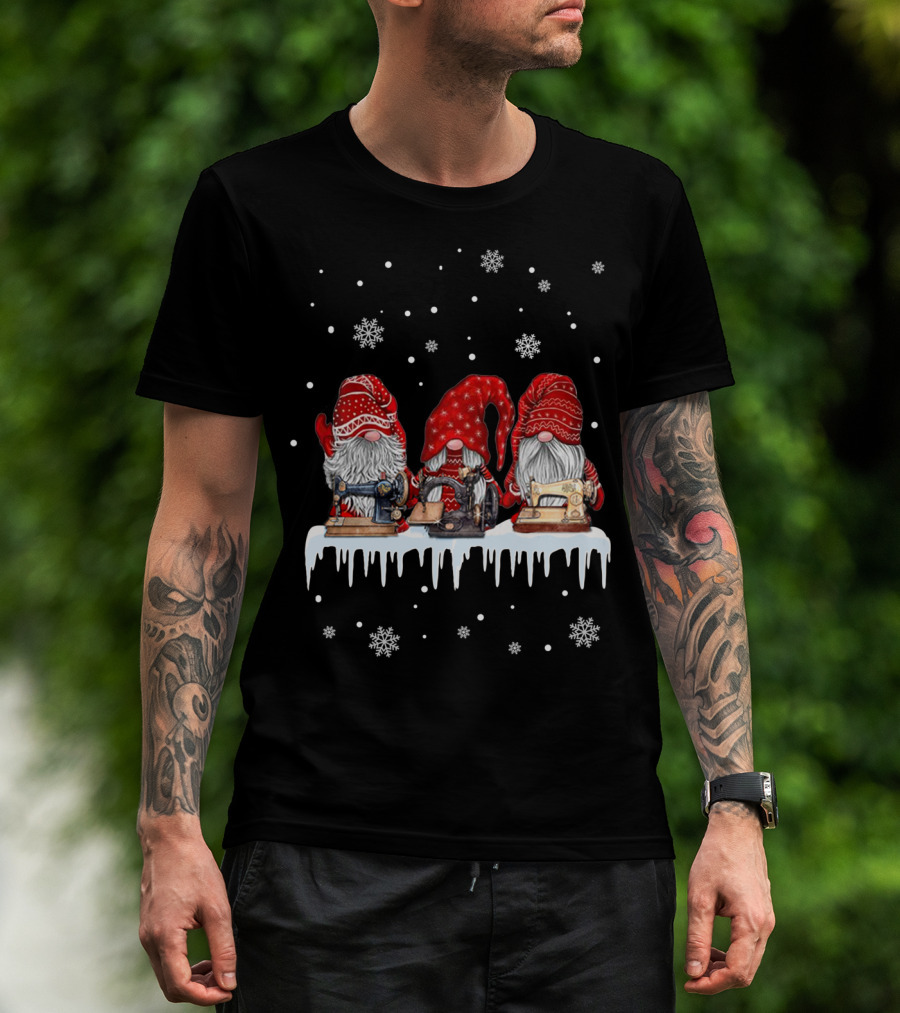 Christmas Gnomes Red Sewing Machine Snowflakes Winter Scene T-Shirt