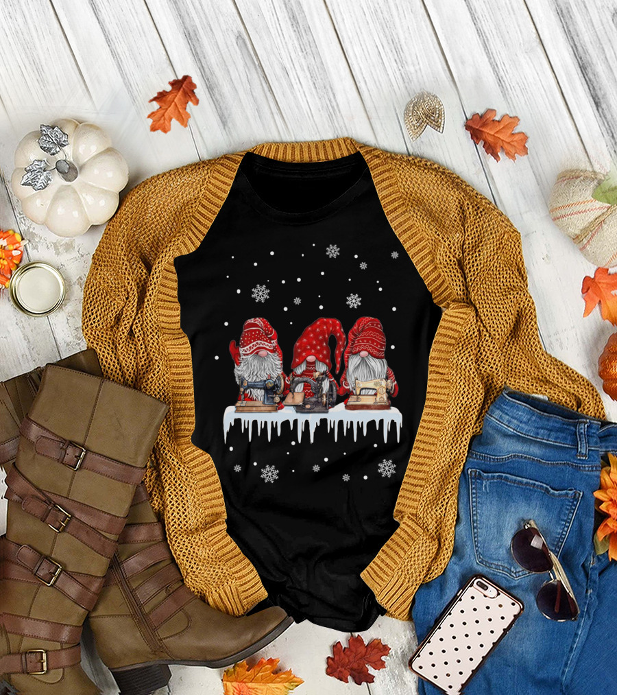 Christmas Gnomes Red Sewing Machine Snowflakes Winter Scene T-Shirt