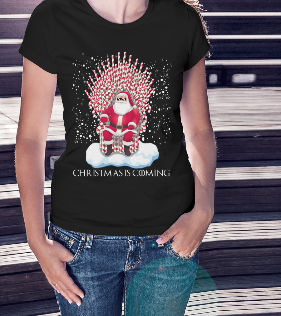 Santa On Candy Cane Throne Christmas Is Coming Snowflakes T-Shirt