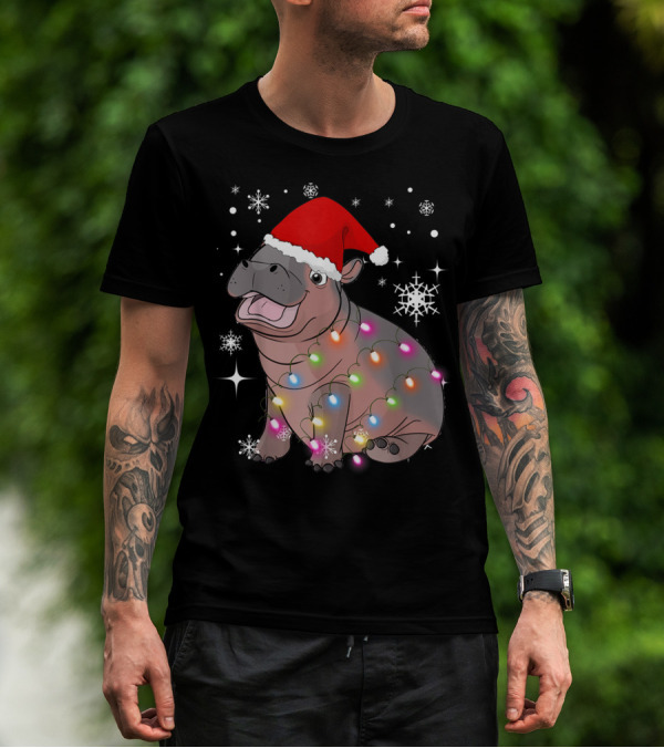 Christmas Lights Baby Hippo Fiona Santa Hat T-Shirt