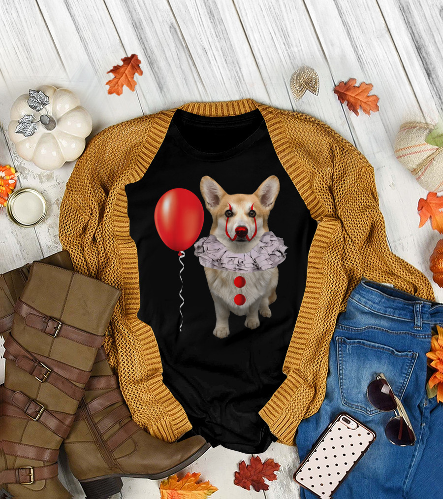Corgi Clown Costume with Red Balloon Scary Funny Corgi T-Shirt