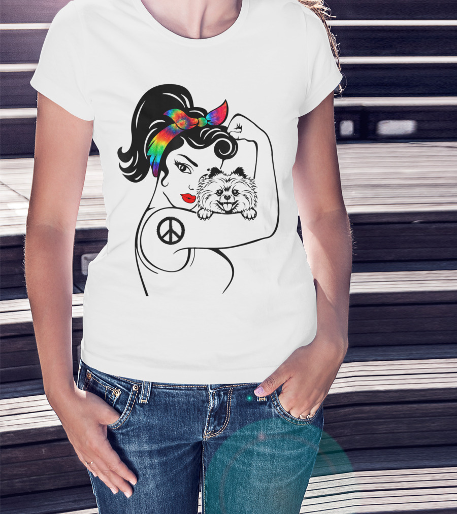 Cute Pomeranian Mom Peace Rainbow Bandana T-Shirt