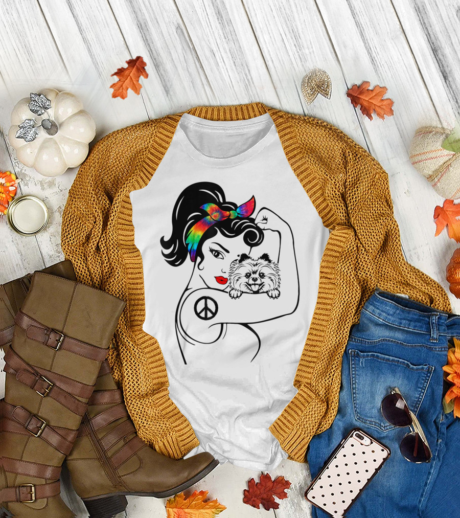 Cute Pomeranian Mom Peace Rainbow Bandana T-Shirt