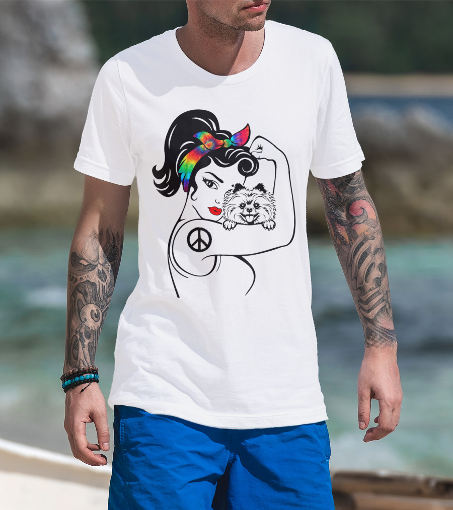 Cute Pomeranian Mom Peace Rainbow Bandana T-Shirt