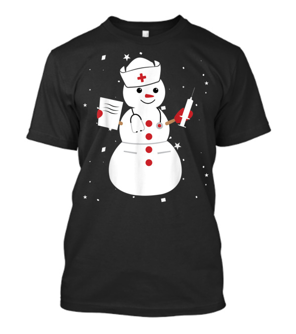 Nurse Snowman Holding Syringe And Clipboard For Cute Christmas Winter T-Shirt
