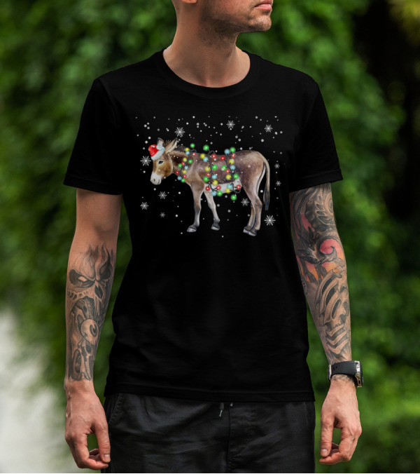 Donkey Christmas Santa Hat Colorful Lights Snowflakes Xmas T-Shirt