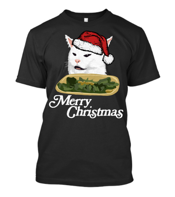 Merry Christmas Funny Arguing White Cat Santa Hat T-Shirt