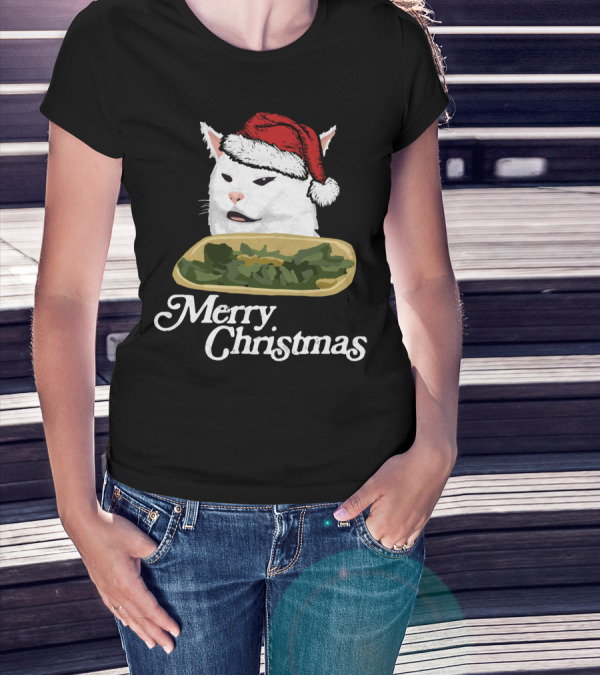 Merry Christmas Funny Arguing White Cat Santa Hat T-Shirt