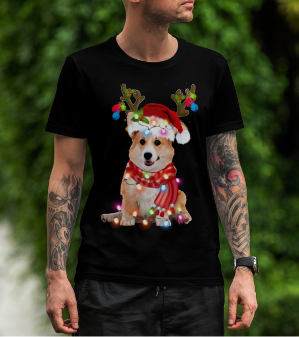 Corgi Christmas Reindeer Antlers Festive Lights And Santa Hat T-Shirt