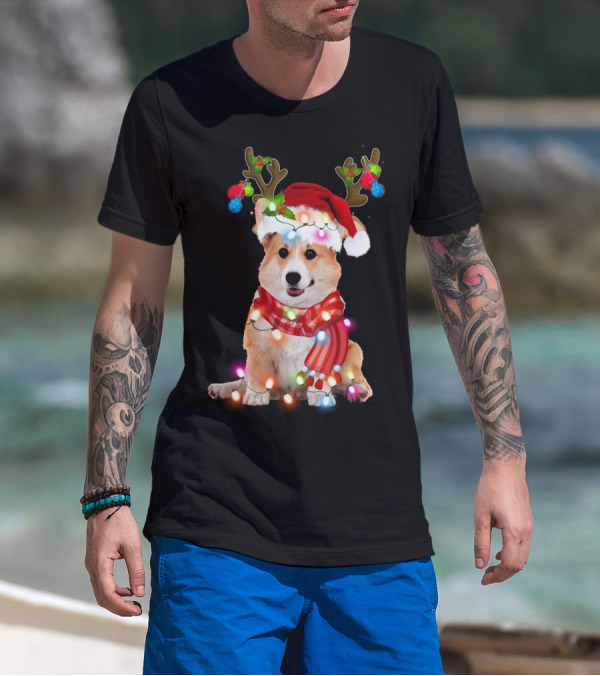 Corgi Christmas Reindeer Antlers Festive Lights And Santa Hat T-Shirt