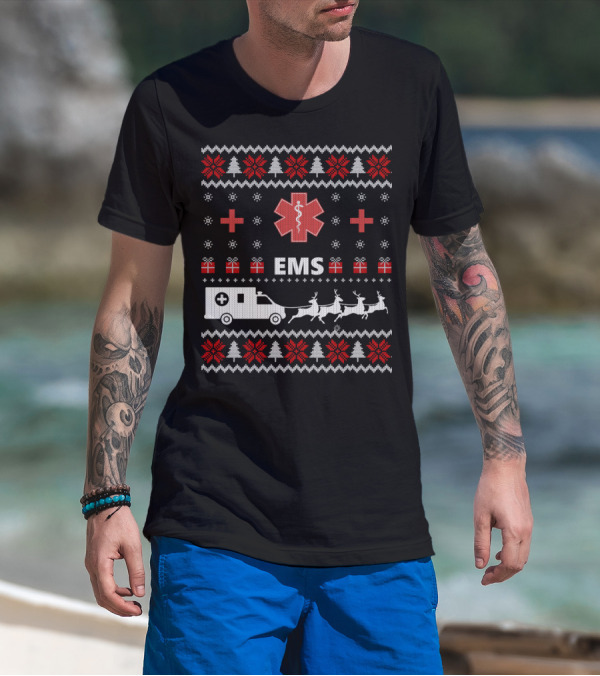 Funny EMS Christmas Ambulance Reindeer Ugly T-Shirt