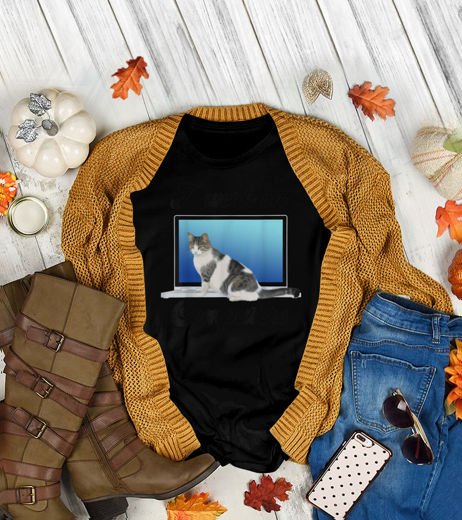 I Work on Computers Funny Grey White Cats Kitty T-Shirt