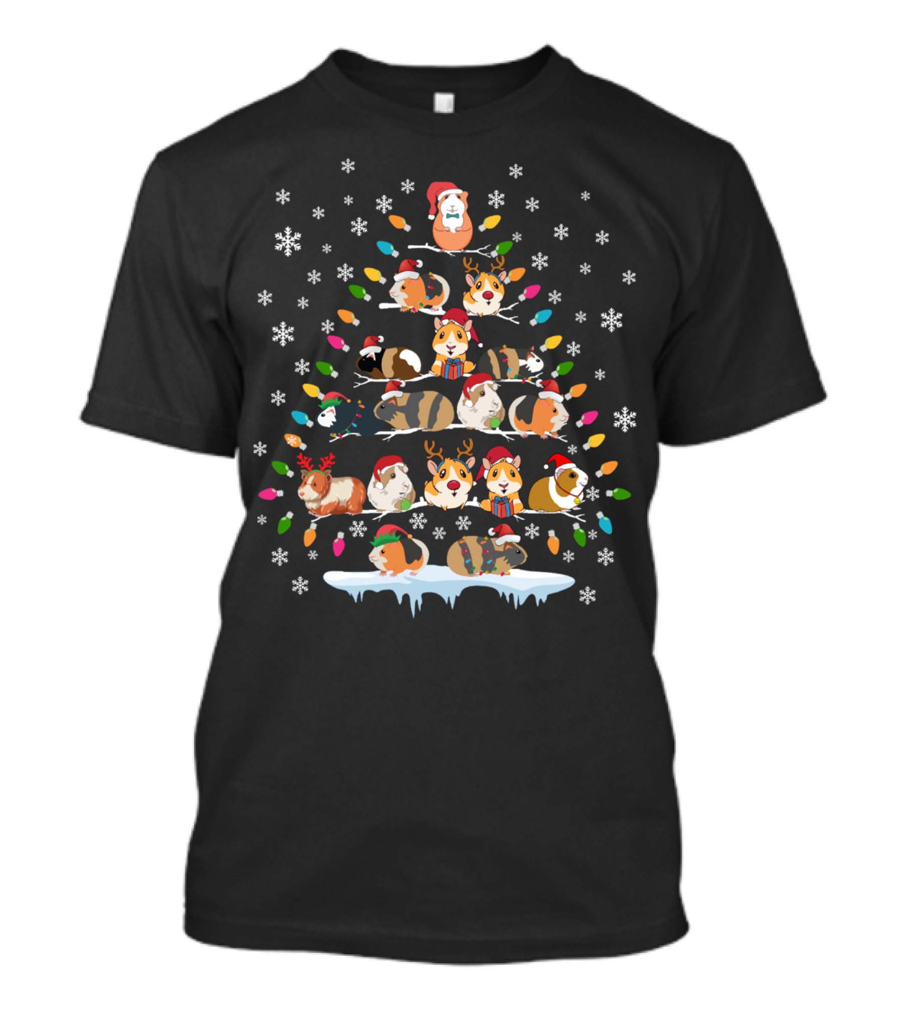 Funny Guinea Pig Christmas Tree Ornament With Santa And Reindeer Decor Elements T-Shirt