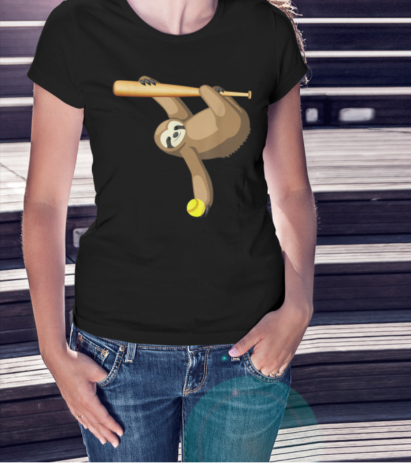 Funny Lazy Sloth Playing Baseball Softball With Bat And Ball T-Shirt