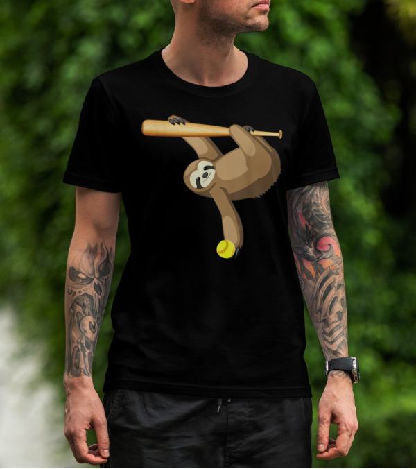 Funny Lazy Sloth Playing Baseball Softball With Bat And Ball T-Shirt