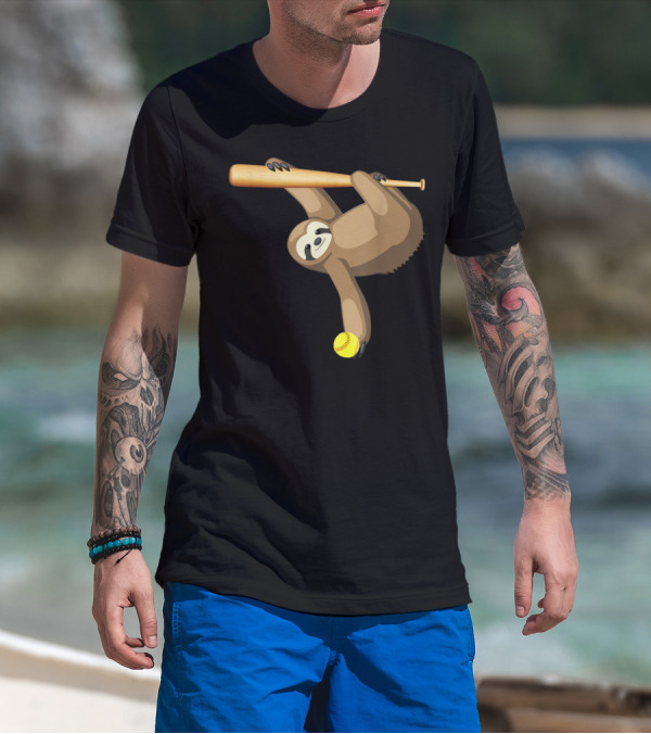 Funny Lazy Sloth Playing Baseball Softball With Bat And Ball T-Shirt