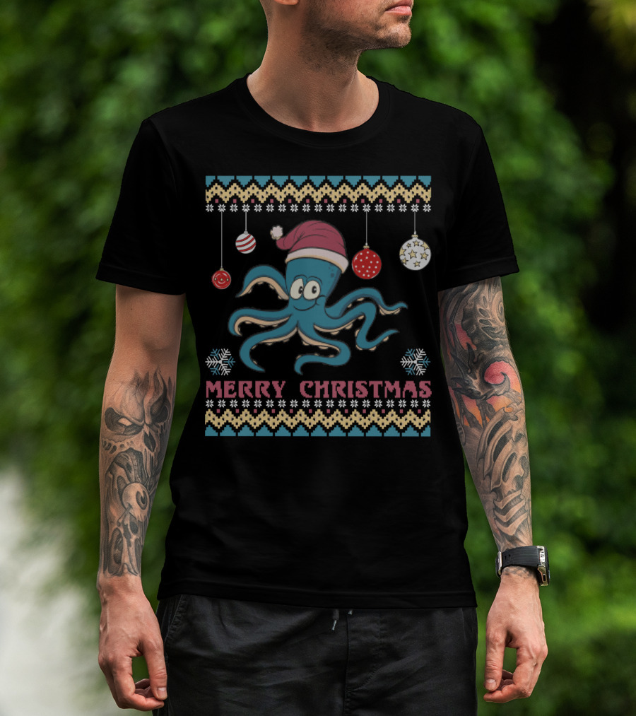 Merry Christmas Funny Octopus Santa Hat Ugly T-Shirt