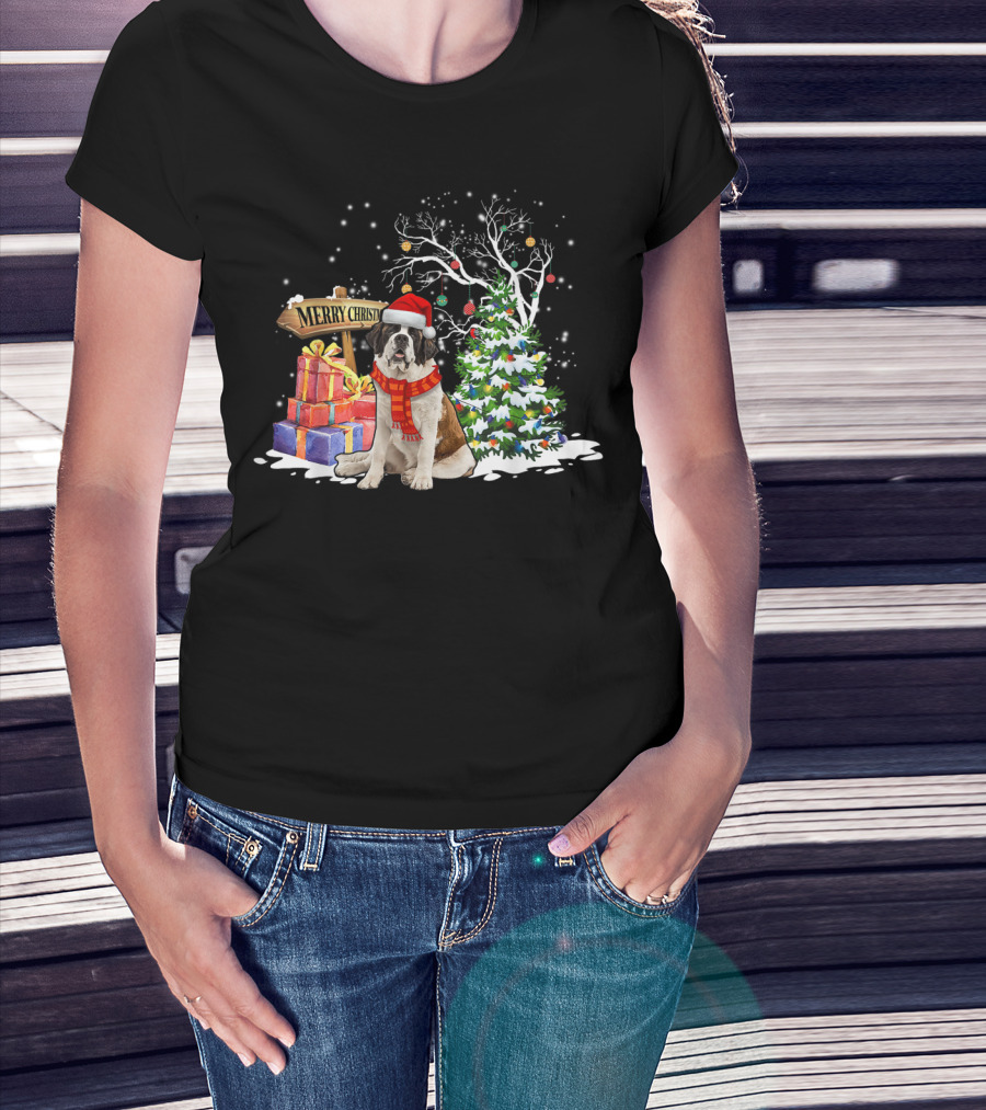 Merry Christmas Saint Bernard Santa Holiday Scene T-Shirt