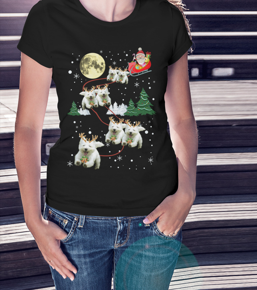 Santa's Sleigh Pulled By Funny Westie Puppies Under Moonlit Christmas Sky T-Shirt